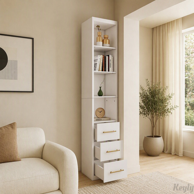 Grande armoire de rangement étroite avec tiroirs et tablettes, White
