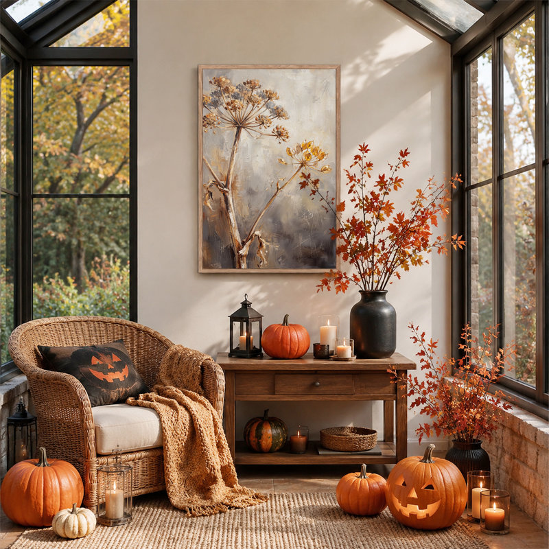 Tiges botaniques séchées sur fond gris texturé - Décoration murale sur toile pour l'Halloween, 24"H x 18"W