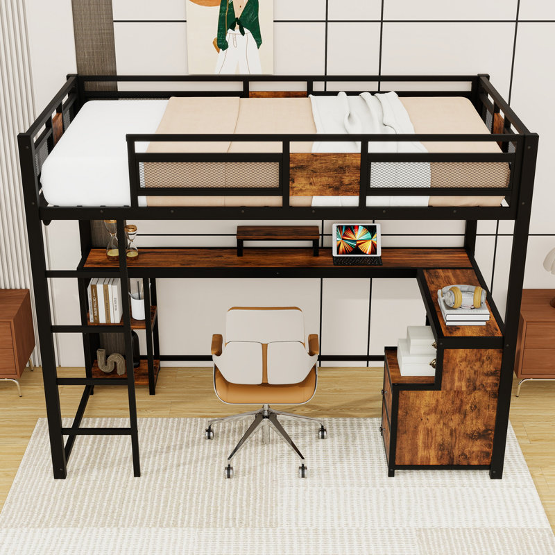 Twin XL Metal Loft Bed with Desk and Storage Drawers