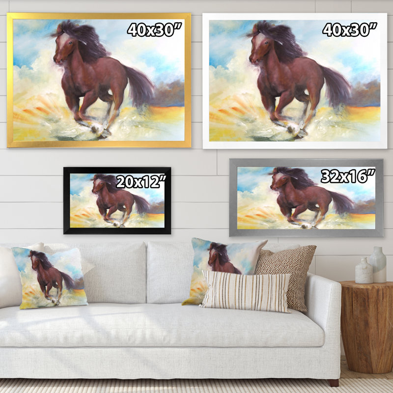 Cheval brun galopant - peinture sur toile, H 30 po x l 40 po, Cadre flottant blanc