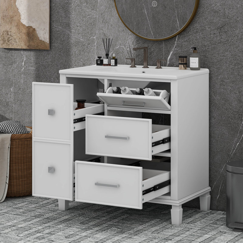 30 Inch Bathroom Vanity With Ceramic Sink, Flip-Out Drawer, White