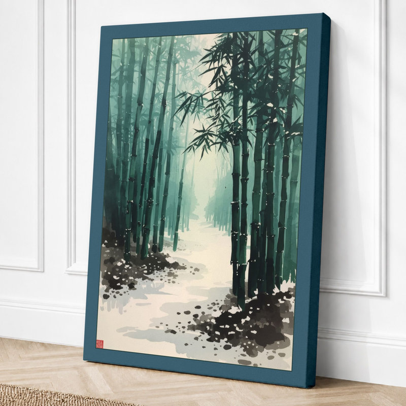 Winter Forest Path Japandi - Wrapped Canvas, 24x16 - 61.0 x 40.6 cm, Teal Border