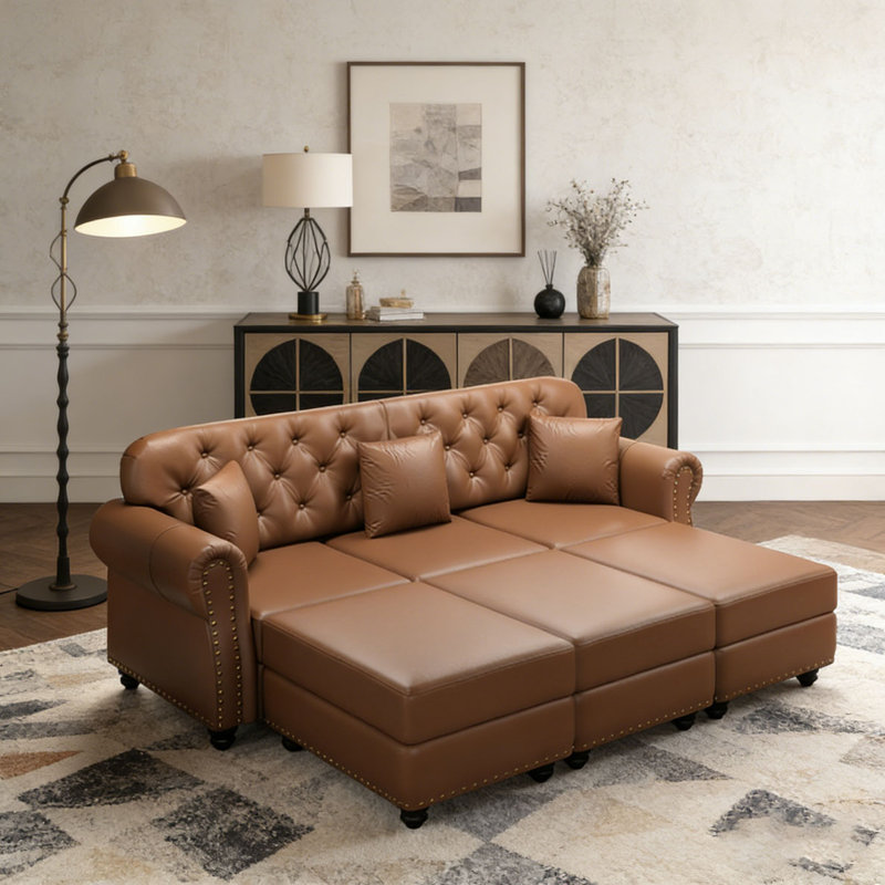 Upholstered Faux Leather Sofa with Nailhead Trim and Rolled Armrests, Black+3seat+1ottoman