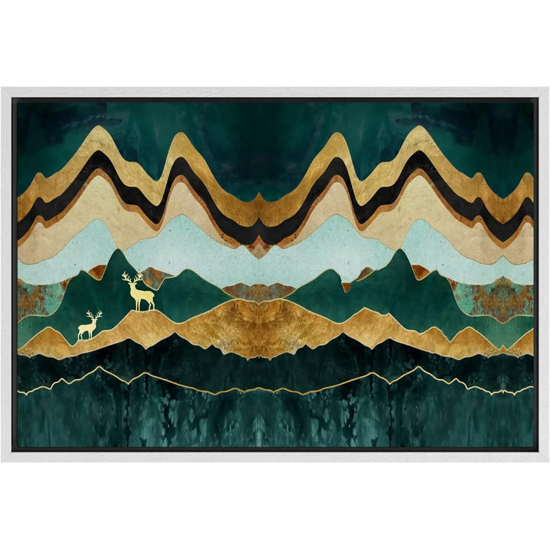 Sun Mountain Range - sarcelle dorée et montagnes vertes avec wapiti - reproduction sur toile flottante, Blanc