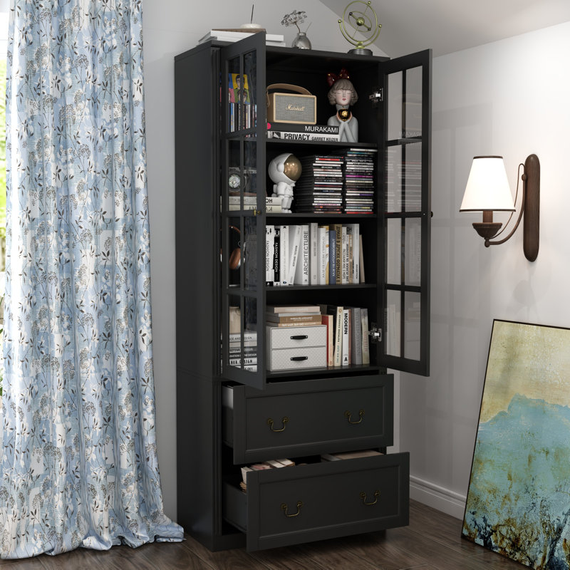 Elegent Display Cabinet With Tempered Glass Door, Black
