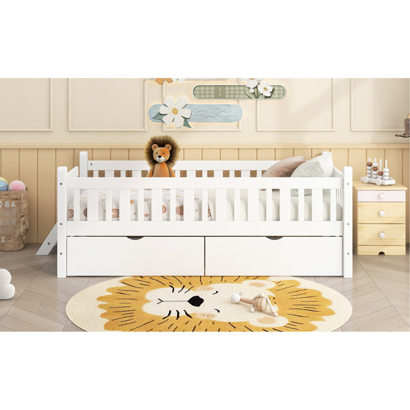 Lit simple en bois blanc avec garde-corps et 2 tiroirs, clôture semi-fermée, pin +, sans sommier, assemblage sans effort de taille manuelle, idéal pour le rangement, facile à assembler vous-même