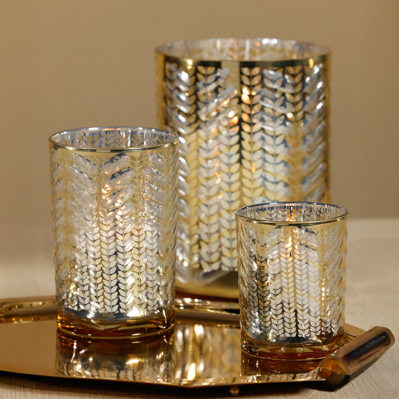 Laser-Etched Metallic Glass Hurricane Candle Holder, Gold, 7" H x 4.75" W x 4.75" D