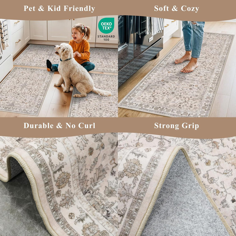 Boho Washable Kitchen Rug Set of 3, Beige