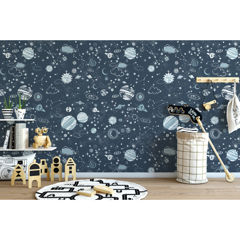 Papier peint amovible ciel étoilé foncé et planètes bleues, L 9 po x l 15 po