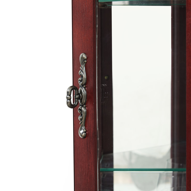 Lighted Mirrored Cabinet, Cherry, Adjustable Shelves, Curio Exhibit Cherry Display Cabinet With Lights & Tempered Glass, Back