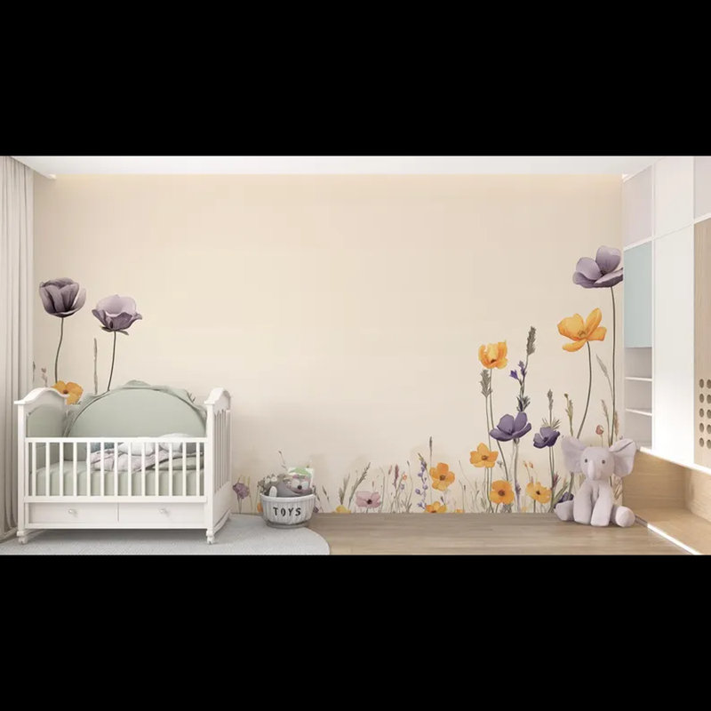 Papier peint Soft Meadow Blooms avec horizon beige, L 192 po x l 108 po