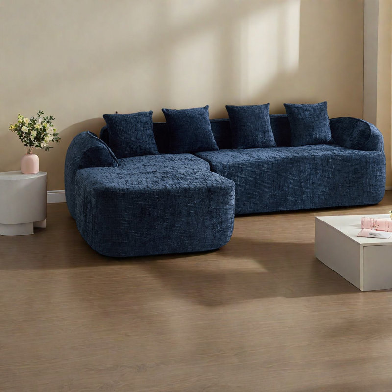 Canapé confortable en chenille bleu foncé en forme de L pour les salons modernes