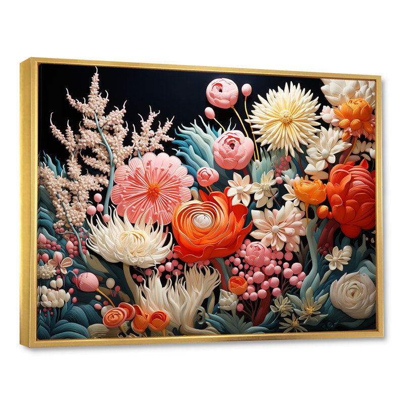 Pêche et corail blanc II sur toile, H 12 po x l 20 po x P 1 po, Cadre flottant doré