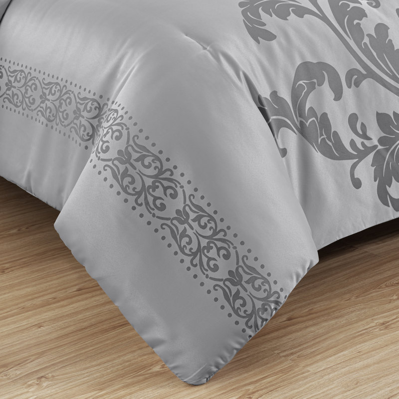 Valor 7-Piece Bed in a Bag Jacquard Floral Comforter Set with Sheets, King Comforter + 6 Additional Pieces, Silver/Gray