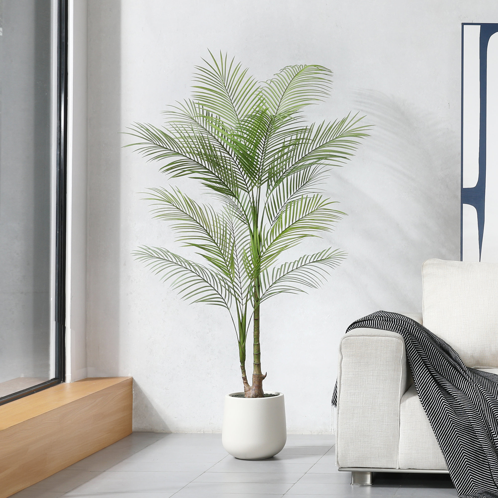 Amarillo Faux Palm Plants with Oval White Planter, Pre Potted Fake Greenry Palm Tree for Home Decor, 72" H x 24" W x 24" D