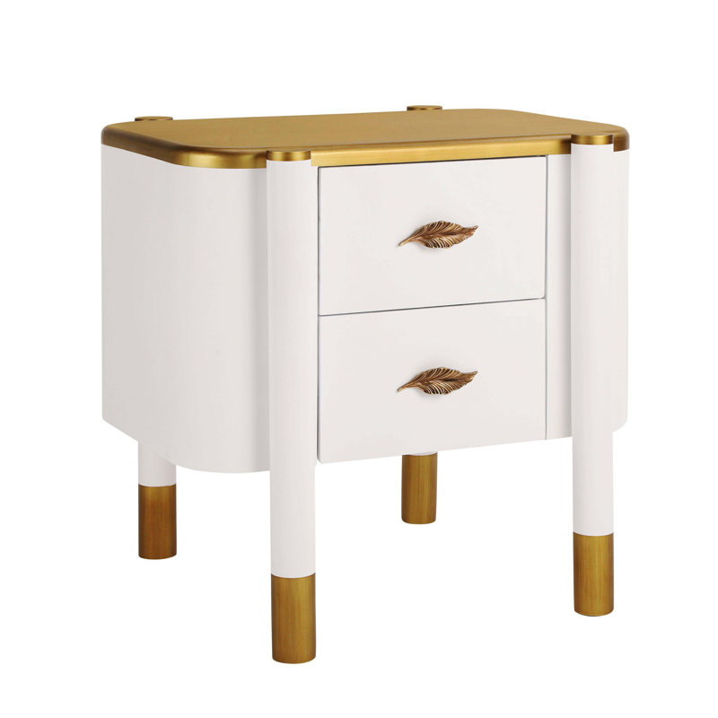 White Curved Profile 2-Drawer Nightstand, Exposed Leg Design Bedroom Storage End Table, White