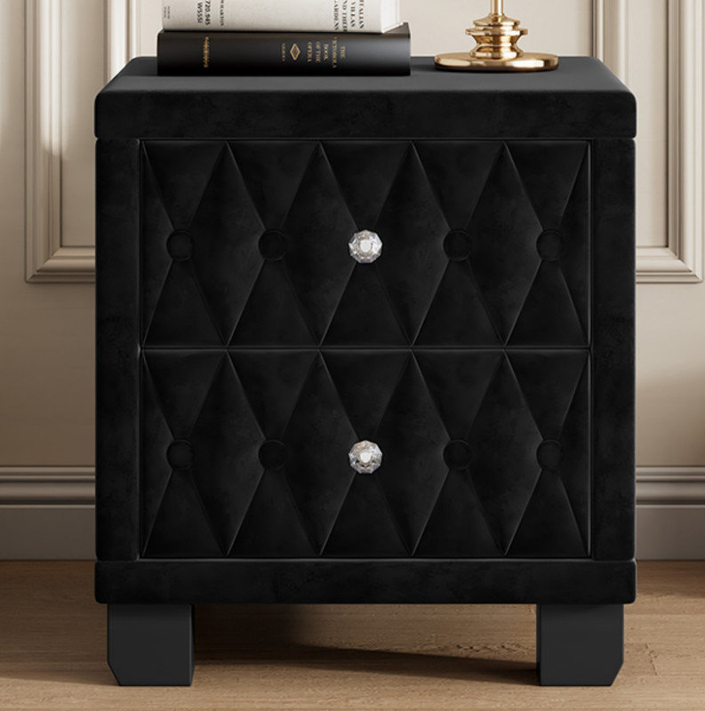 Élégante table de chevet en velours avec 2 tiroirs et poignée en cristal, table de chevet avec capitonnage à boutons, noir