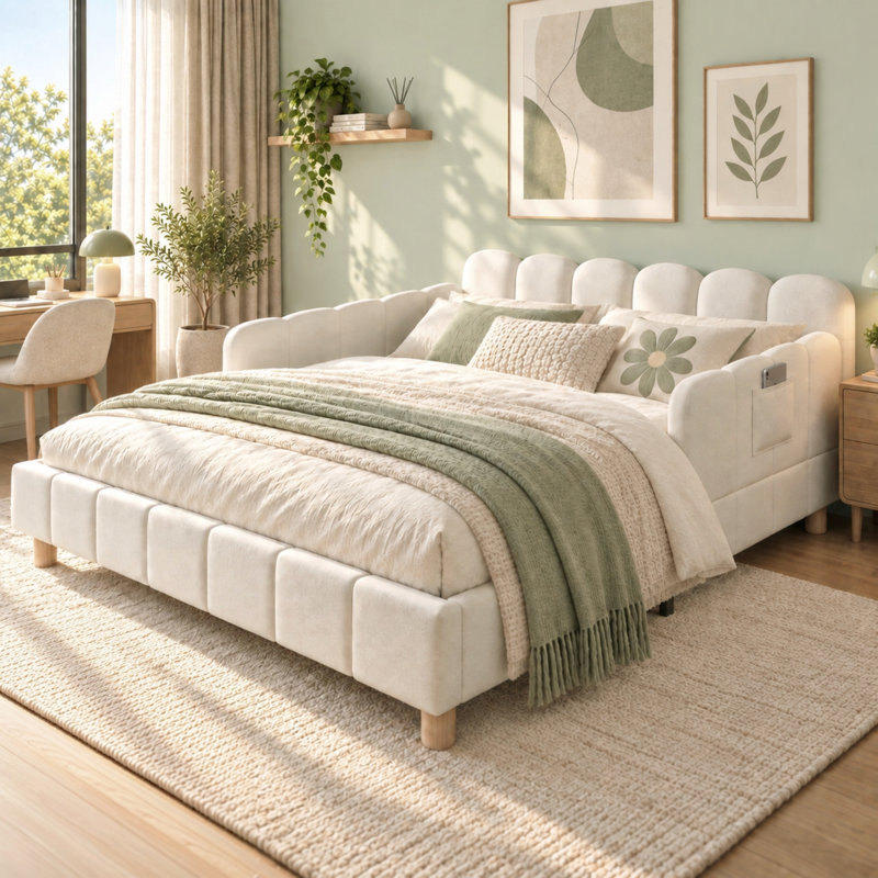 Metal Bed, Double, Beige