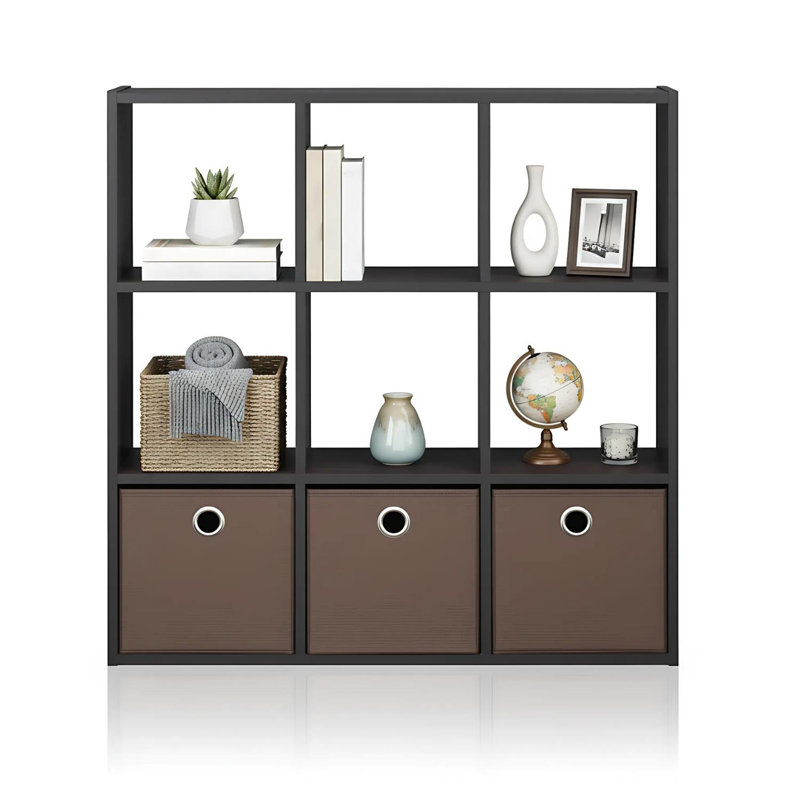 Simplistic 9-Cube Organizer Dark Walnut with Bins Cube Storage Living Room Organized, Dark Walnut