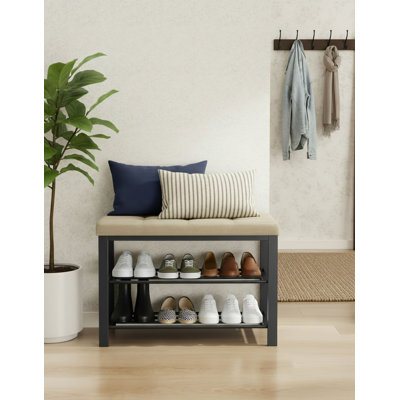 Étagère à chaussures style chameau et noir de jais avec siège, tabouret de rangement rembourré, vestibule polyvalent et peu encombrant.