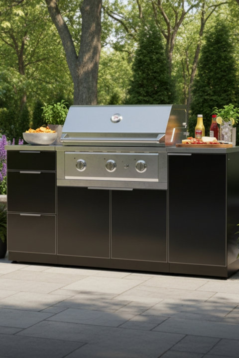 Modern stainless steel outdoor gas grill station with black storage cabinets on a stone patio surrounded by trees.