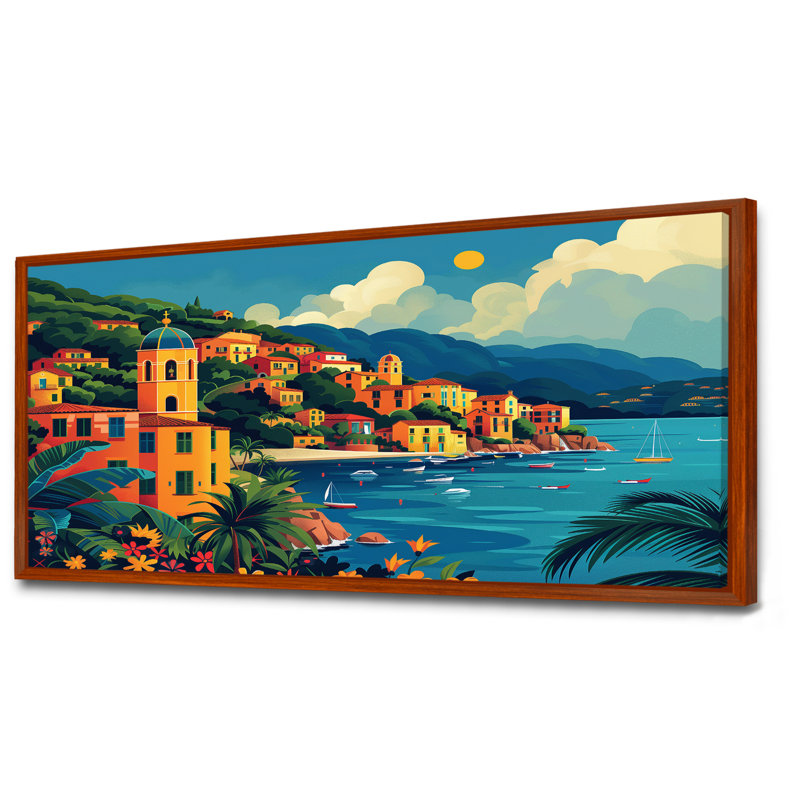 Orange, bleu, riviera italienne, art mural Italie, Cadre flottant brun, H 34 po x l 44 po