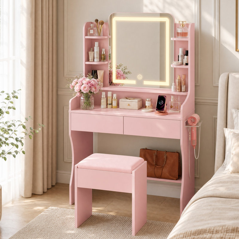  Coiffeuse de maquillage avec miroir lumineux à DEL et prise de courant, bureau de coiffeuse avec tabouret et tablettes de rangement pour la chambre à coucher