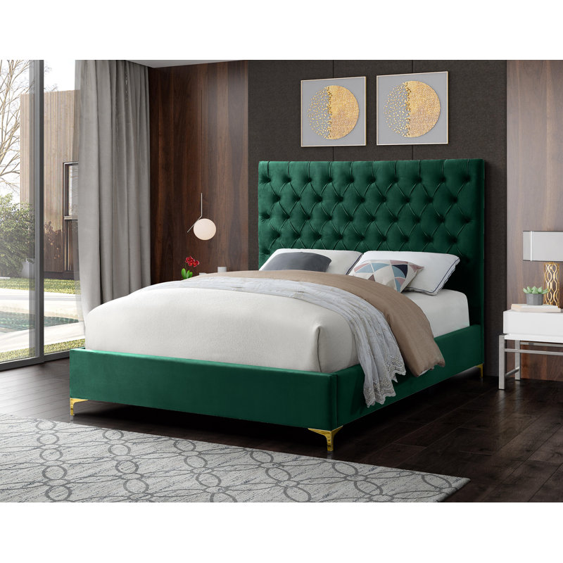 Cruz Upholstered Platform Bed, King, Green Velvet