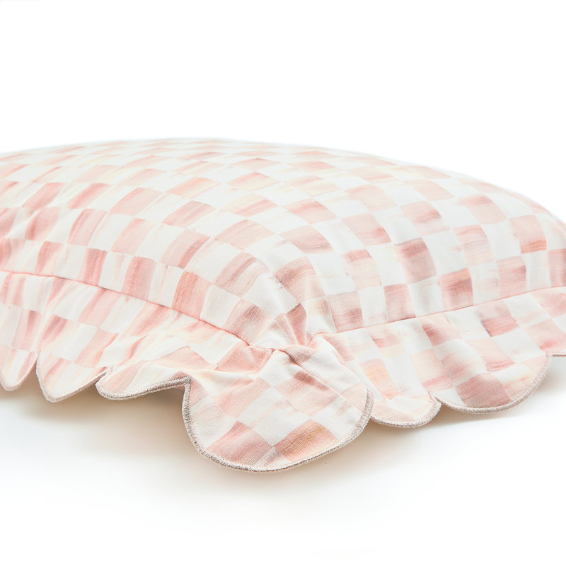 Rosy Check Reversible Scalloped Pillow, Pink/White, Square 20"