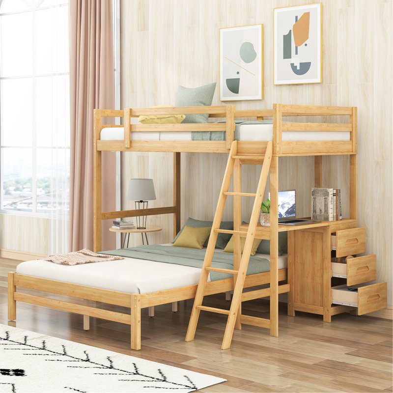 Lit superposé simple au dessus d'un lit double avec bureau intégré et trois tiroirs, Naturel