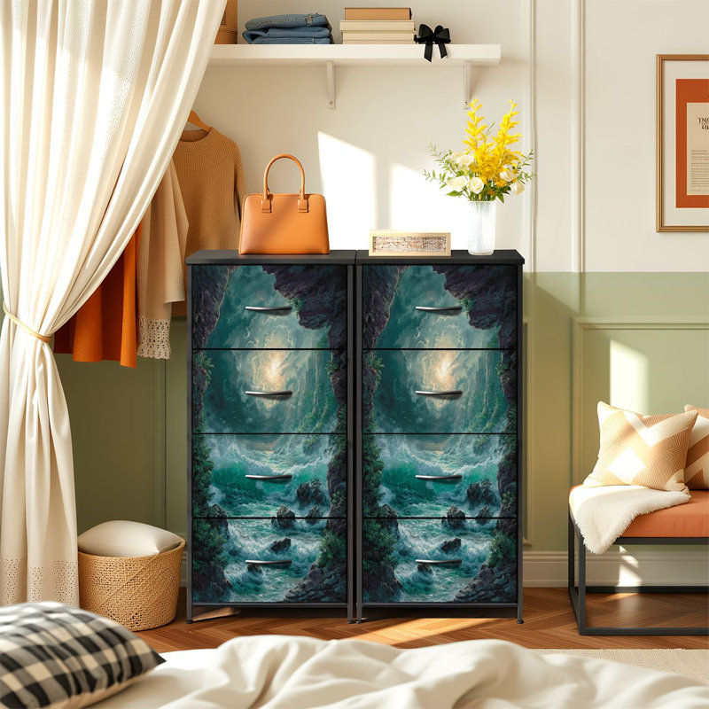 Commode pour chambre à coucher avec 4 tiroirs de rangement Stormy Seaside View Turquoise Waves Crashing Rocky Shore Commode