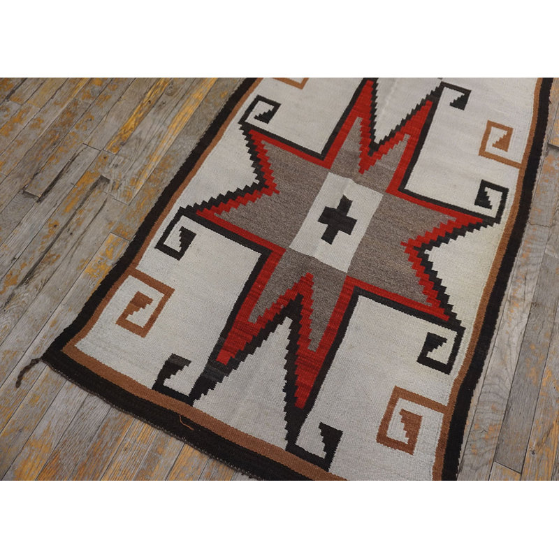 Antique Geometric Native American Wool Flat Weave Ivory Beige Cream White Navajo Rug