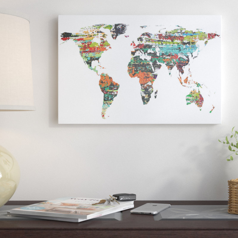 « painted world map v », reproduction d’art sur toile tendue, H 8 po x l 12 po x P 0,75 po