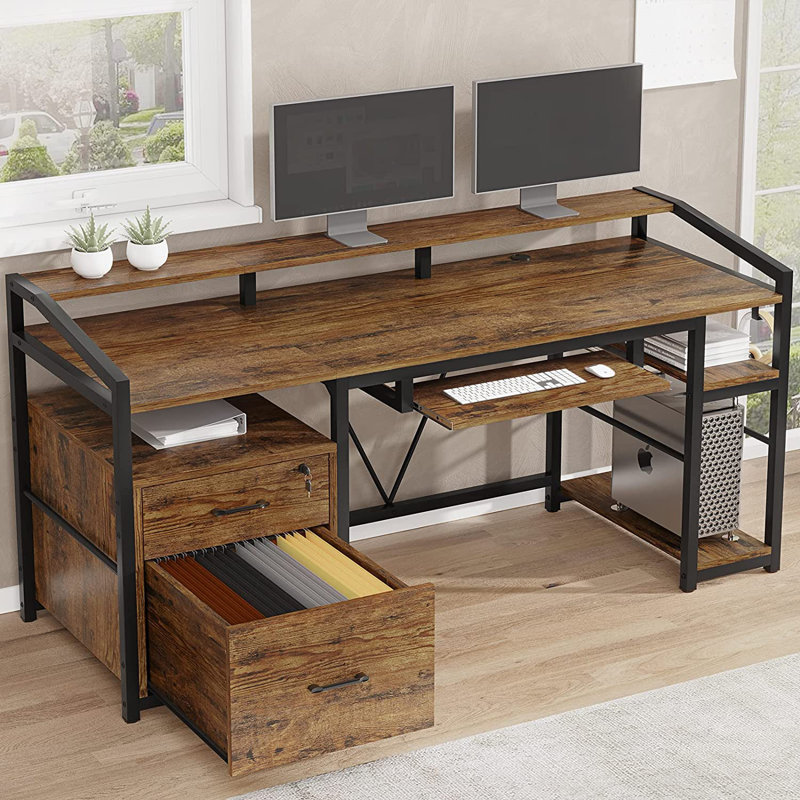 Lucilla Metal Base Computer Desk with Power Outlet, Brown