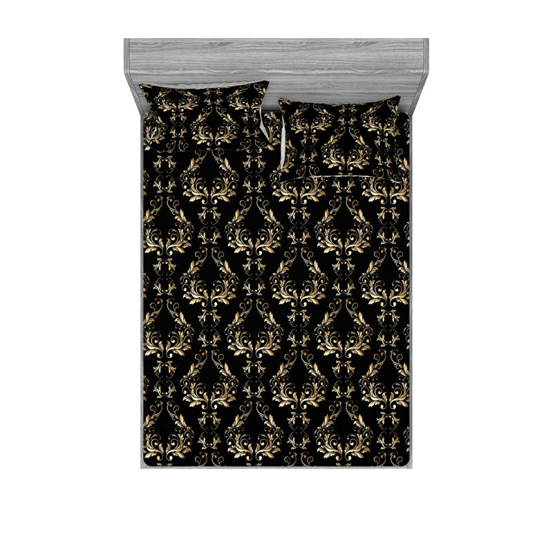Drap-housse et taie décorative Ambesonne motif floral rococo damassé gris anthracite et jaune pâle