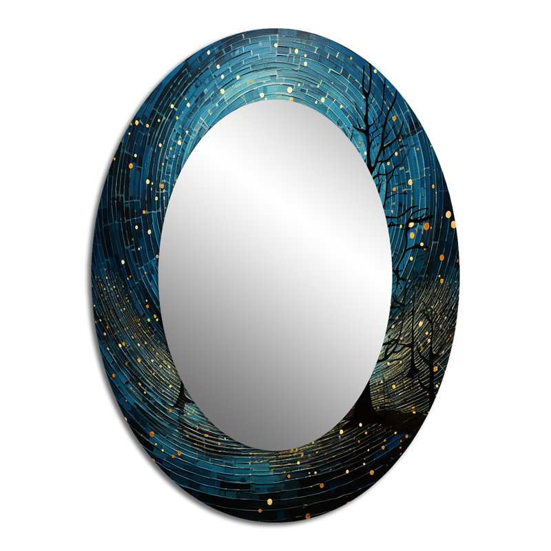 Miroir décoratif ovale abstrait bleu sur métal lune III, 40 po x 30 po