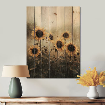 «Vintage Rainy Day Sunflowers I» - impression sur bois de tournesols - sur bois de pin naturel