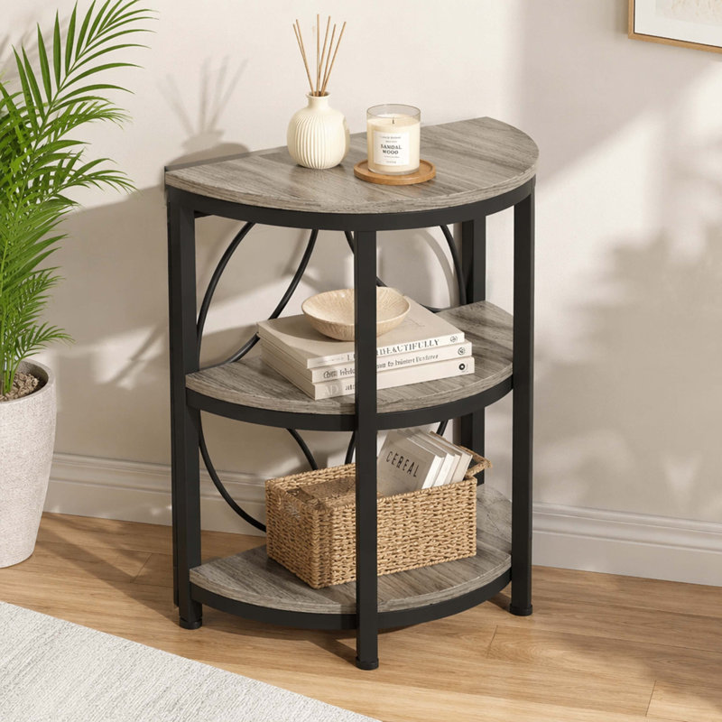 Table d'appoint demi-ronde à 3 niveaux en grain de bois gris, table de bout demi-cercle industrielle en métal noir mat