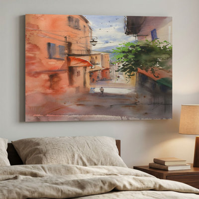 « Charmante rue européenne orange », aquarelle imprimée sur toile épaisse avec cadre en pin.