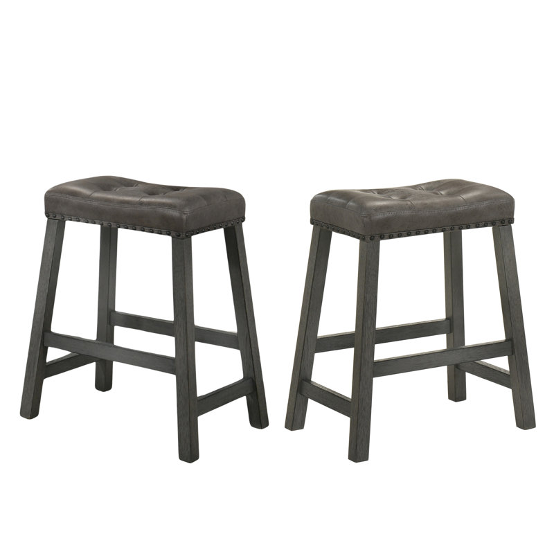 2-piece Set Of Backless Bar Stools With Leather Seats And Wooden Legs, Suitable For Kitchens And Bars, Dark Gray