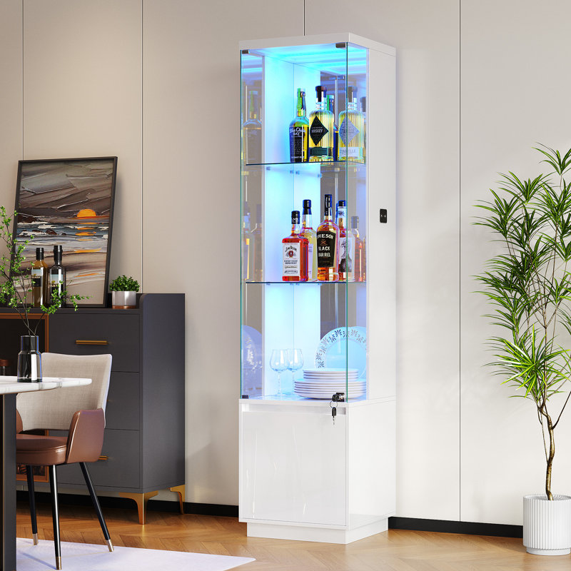 Glass Display Cabinet with 3 Color Led Lights, Wine Cabinet with Lock, White