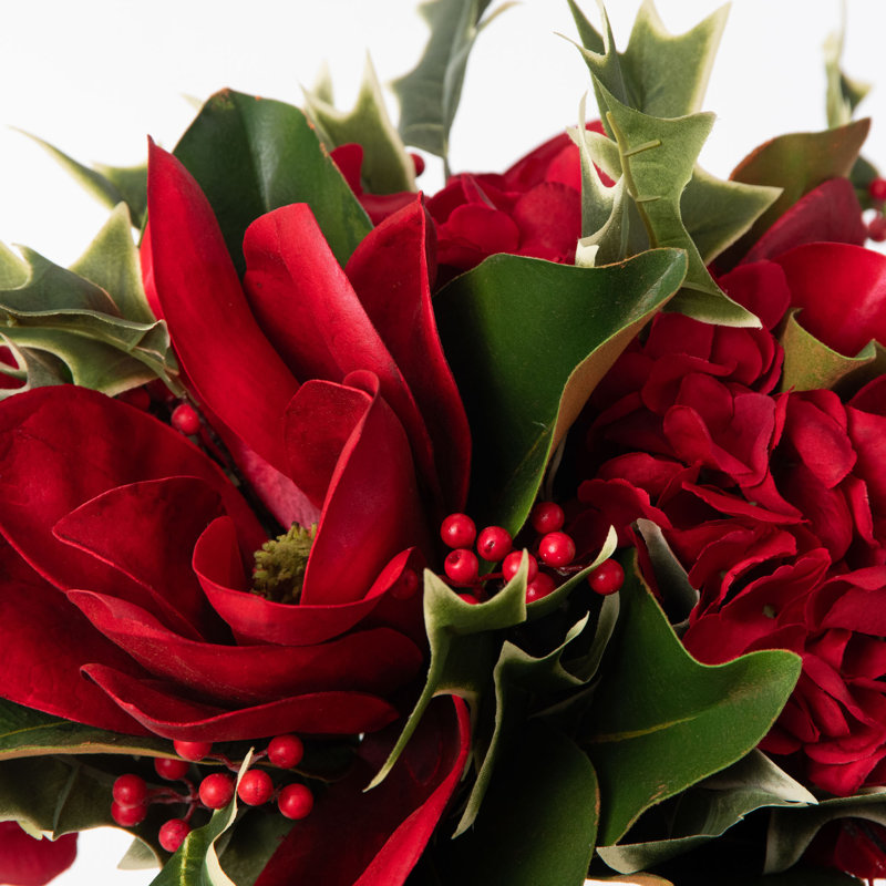 Real Touch Red Magnolia & Hydrangea with Wild Holly Berry Branches Water Illusion Holiday Christmas Centerpiece in Glass Vase