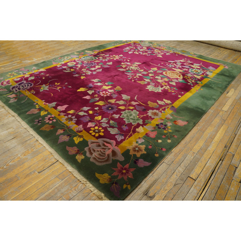 Antique Art Deco Chinese Floral Green, Red 1920s Rug