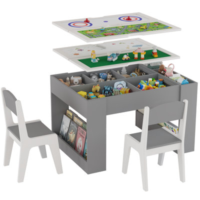 4-in-1 Kids Activity Table and Chair Set, Reversible Tabletop with Magnetic Drawing, Building Block, City Road and Curling Game Board, 5 Hidden Storage Compartments, Double-Sided Bookcase and 3 Cubbies, Craft Desk for Toddlers and Kids, Grey