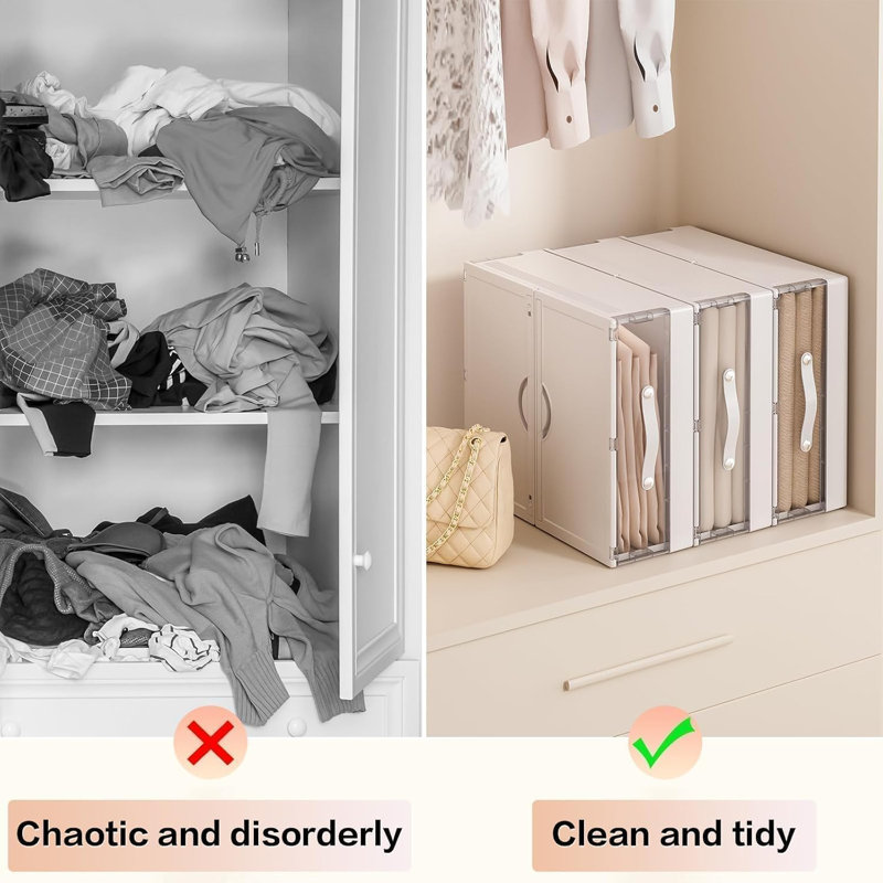 Bed Sheet Organizers and Storage Plastic, 4 pcs Foldable Closet Organizer with Handle