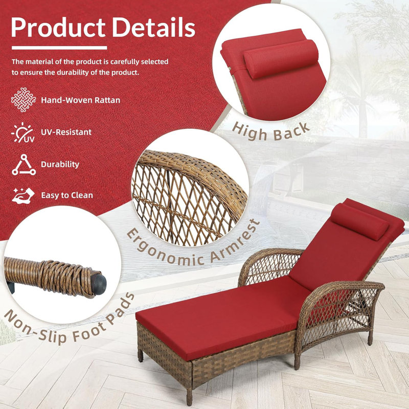 Outdoor Wicker Lounge Chair with Cushion, 6-Position Adjustable Patio Chaise Lounge, All Weather Lay Flat Pool Sunbathing Recliner Chair, Armrest and Head Pillow, Fade-Resistant, Red