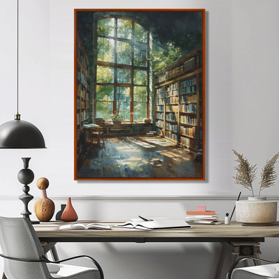 Bibliothèque verte et brune, Quiet Haven II - Art encadré avec bibliothèque