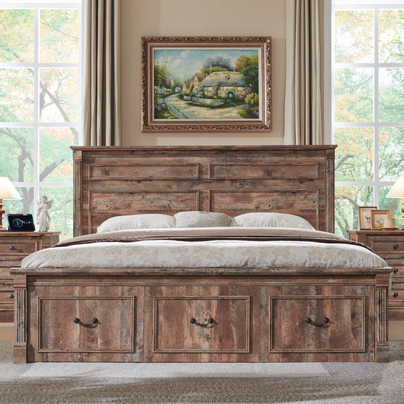 Cadre de lit très grand Burlington Farmhouse avec tête de lit 51 po, cadre de lit plateforme en bois, Très grand lit, Brun