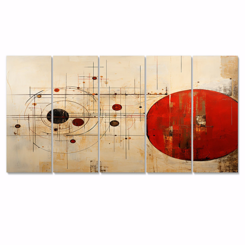 Lune rouge mercure rétro - art mural abstrait paysage 5 pièces, H 32 po x l 80 po
