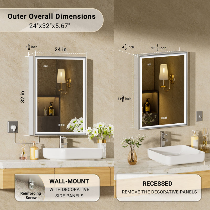Ciyanna Dimmable LED Medicine Cabinet with Mirror, Beveled Frame, Defogger, Outlets & USB Ports, Recessed/Surface Mount